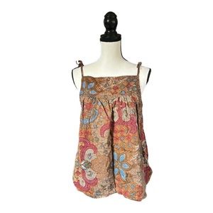 Bali Nani Retro Brown Floral Print Apron Top Tie Strap Square Neck Tropical S